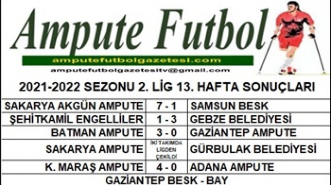 2021-2022 SEZONU 2. LİG 13. HAFTA SONUÇLARI