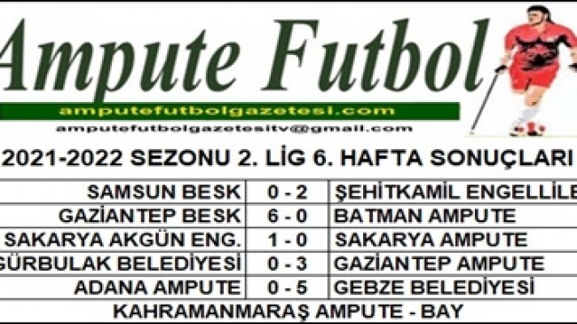 2021-2022 SEZONU 2. LİG 6. HAFTA SONUÇLARI