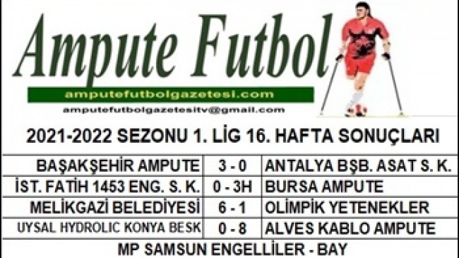 2021-2022 SEZONU 1. LİG 16. HAFTA SONUÇLARI